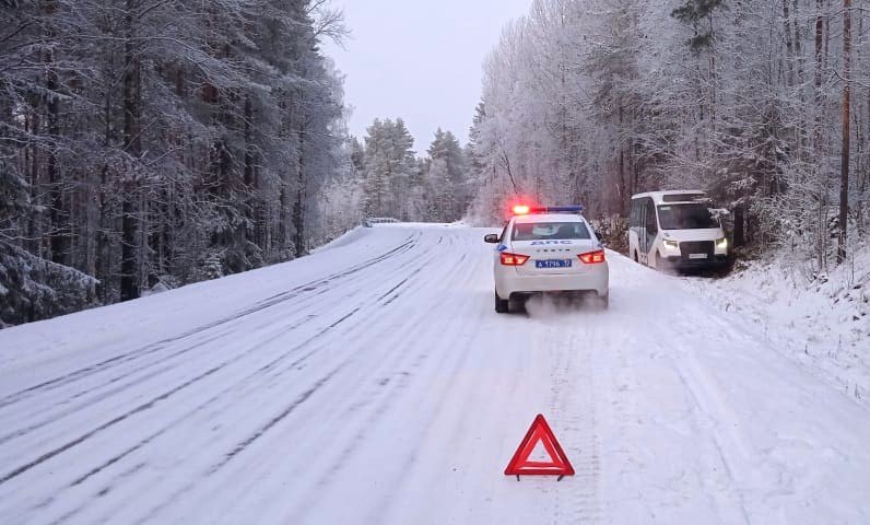 Рейсовый автобус съехал в кювет в Лоухском районе