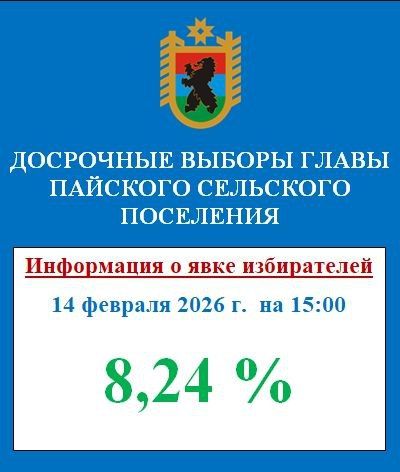 Явка избирателей на досрочных выборах Главы Пайского сельского поселения по состоянию на 15:00 14 февраля